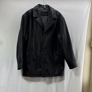 Perry Ellis Portfolio Blk genuine Leather button down collard lined Coat jacket